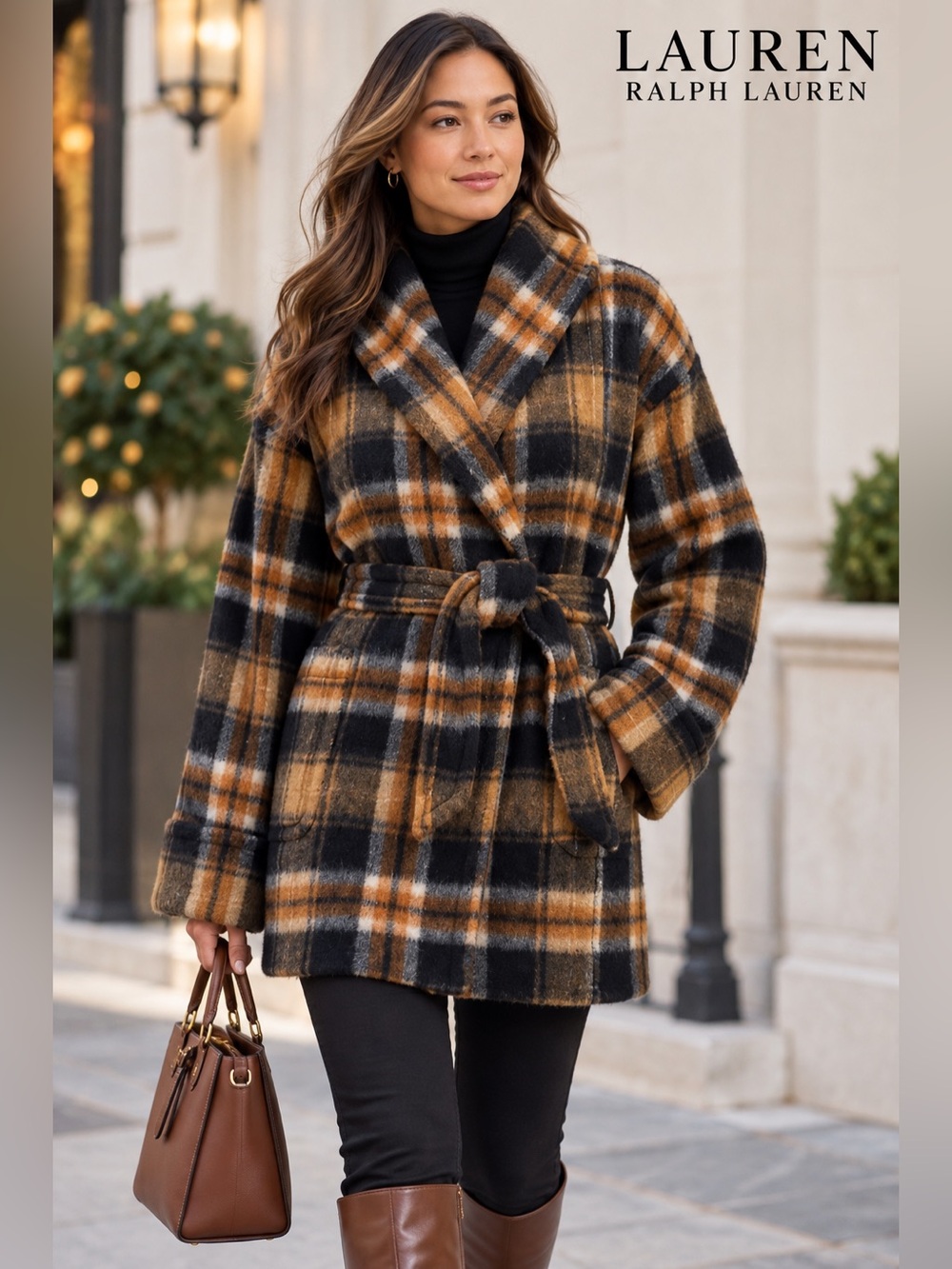 NWT Lauren Ralph Lauren Women's Plaid Shawl Collar Wrap Jacket